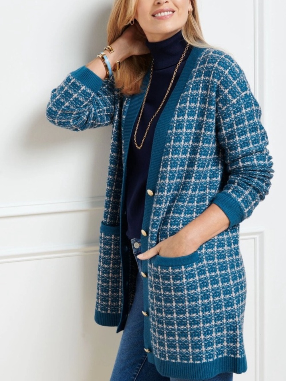 Talbots Merino Wool V Neck Cardigan Sweater Texture Plaid Blue White Size Medium